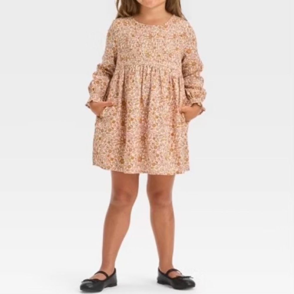 Cat & Jack Floral Smocked Twill Long Sleeve Dress Gold Tan Size 18 Months